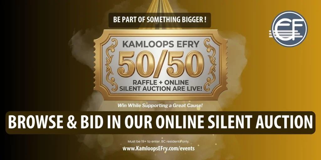 Promotional banner for the Kamloops Elizabeth Fry Society online silent auction, with the text "Browse and Bid in Our Online Silent Auction" on a gold background.