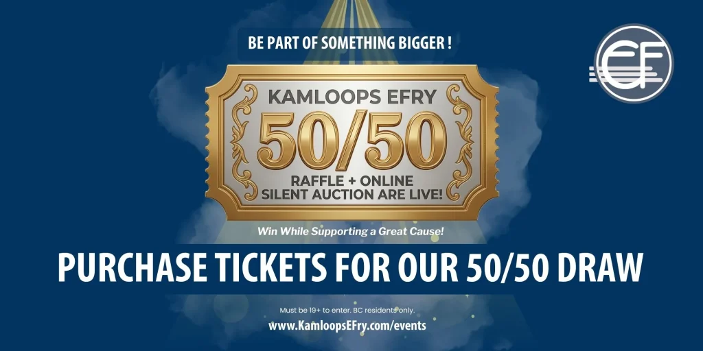 Promotional banner for the Kamloops Elizabeth Fry Society 50/50 raffle draw, with the text "Purchase Tickets for Our 50/50 Draw" on a navy blue background.